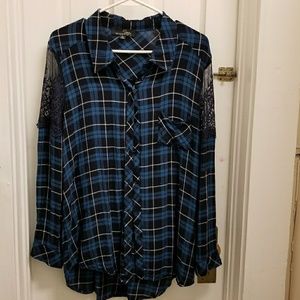 Suzanne Betro XL plaid button-up lace cutout